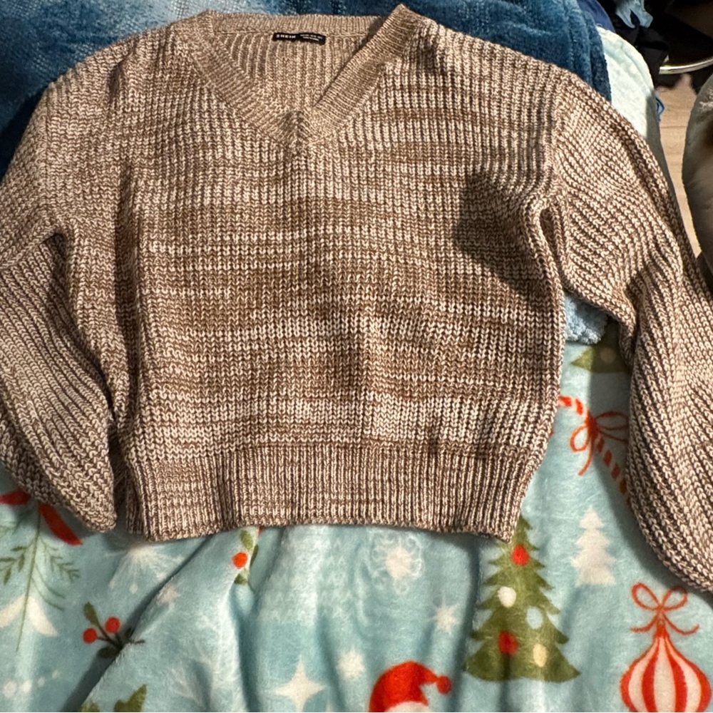 SHEIN V-Neck Sweater in Cream and Brown